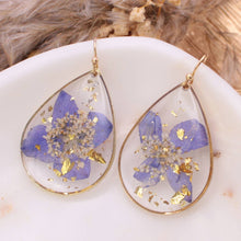 Load image into Gallery viewer, Gilded Flower Purple Dried Flower Teardrop Earrings
