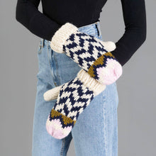 Load image into Gallery viewer, Beige, Navy &amp; Lt. Pink Patterned Mittens

