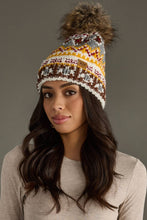 Load image into Gallery viewer, Ivory, Red &amp; Gold Patterned Pom Hat
