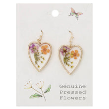 Load image into Gallery viewer, Purple Orange Dried Flower Gold Heart Earrings

