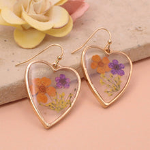 Load image into Gallery viewer, Purple Orange Dried Flower Gold Heart Earrings
