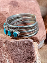 Load image into Gallery viewer, Vintage Navajo Indian Sterling Silver Cuff with 9 Turquoise Stones
