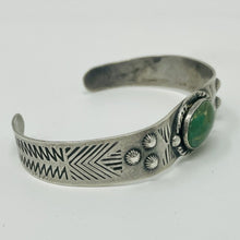 Load image into Gallery viewer, Fred Harvey Era Silver Cuff w Turquoise Stone, Repousse' and Stampwork
