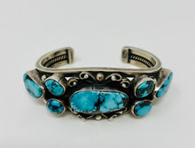 Load image into Gallery viewer, Navajo Sterling Silver Cluster Cuff w 7 Beautiful Turquoise Cobachons
