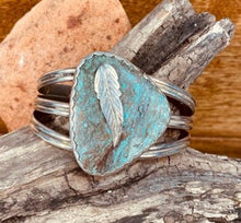 Load image into Gallery viewer, Navajo Cuff Bracelet with Large single stone Turquoise with Silver Leaf applique
