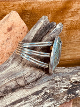 Load image into Gallery viewer, Navajo Cuff Bracelet with Large single stone Turquoise with Silver Leaf applique
