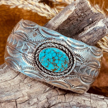 Load image into Gallery viewer, Navajo Sterling Cuff with Turquoise Stone and Hand Stamping
