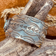 Load image into Gallery viewer, Navajo Sterling Cuff with Turquoise Stone and Hand Stamping

