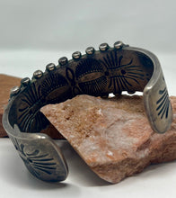 Load image into Gallery viewer, Silver Cuff with 27 Coral Stones and stampwork
