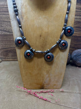Load image into Gallery viewer, Vintage Navajo Pearl Necklace with 5 Coral Snake Eyes Shadow Box Pendants
