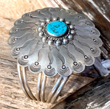 Load image into Gallery viewer, Navajo Flower W/ Center Turquoise Stone Cuff
