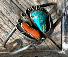 Load image into Gallery viewer, Navajo Cuff w/ Turquoise &amp; Coral Stones
