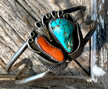 Load image into Gallery viewer, Navajo Cuff w/ Turquoise &amp; Coral Stones
