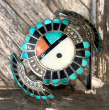 Load image into Gallery viewer, Zuni Sunface Cuff with Turquoise and Coral stones
