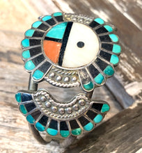 Load image into Gallery viewer, Zuni Sunface Cuff with Turquoise and Coral stones
