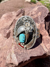Load image into Gallery viewer, Vintage Navajo Turquoise and Coral Sterling Silver Cuff with a Bear Claw, 1970s
